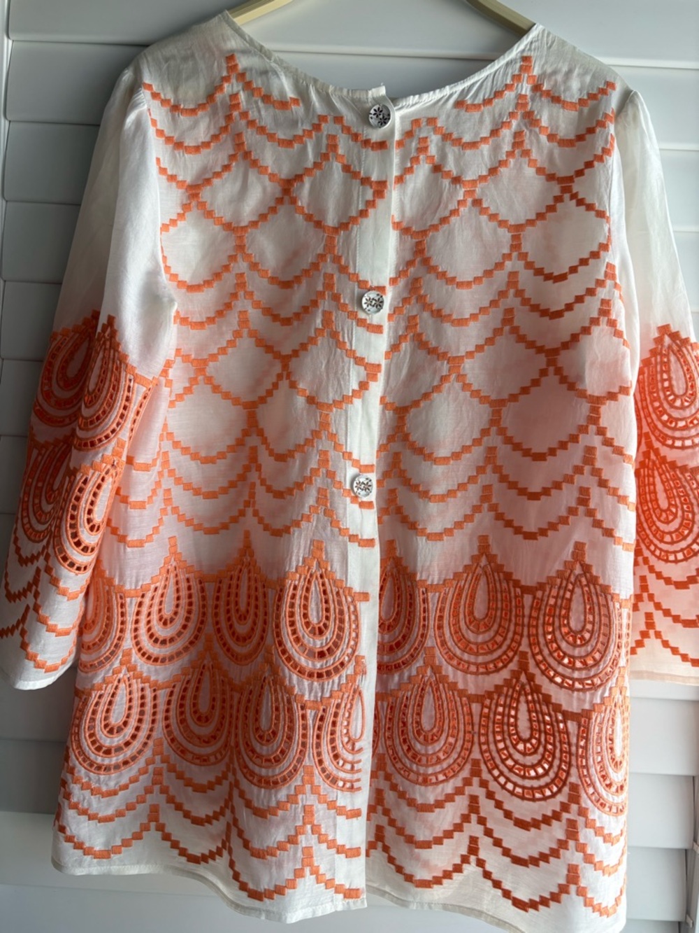Women's Silk  White Blouse with Orange Embroidered Pattern - Picture 2 of 11